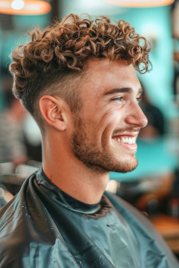 Curly Top com penteado de desbotamento no meio de um homem sorridente com cabelos castanhos em uma barbearia.