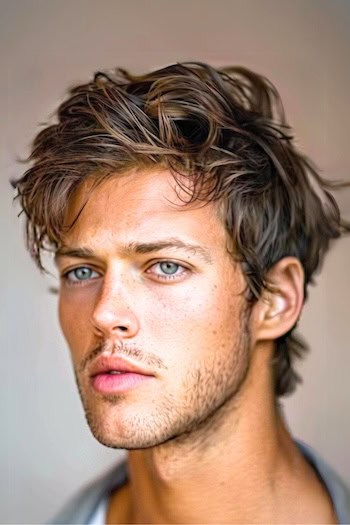 Ondas texturizadas bagunçadas penteado de comprimento médio para homens.