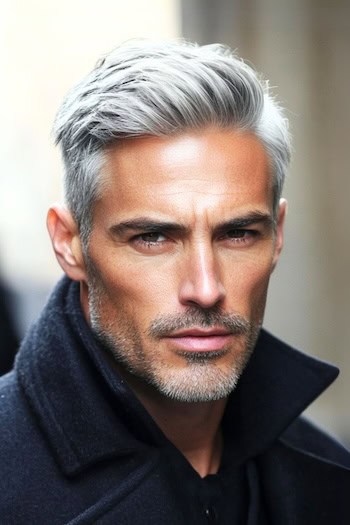 Corte de corte de corte com textura cinza prateada em um homem com cabelos grisalhos e barba cinzenta.