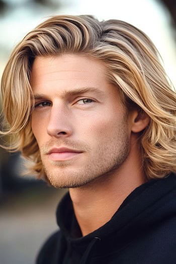 Camadas retas na altura dos ombros cortes de cabelo em um homem com cabelos loiros.