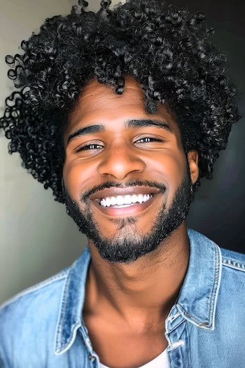 Bobinas apertadas com penteado de barba em um homem negro sorridente com cabelos pretos.