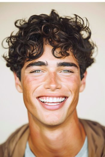 Cachos cortados com penteado marginal em um homem sorridente com cabelos castanhos.
