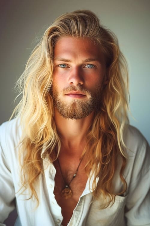Ondas douradas na praia em um jovem bonito, com longos cabelos loiros e barba.