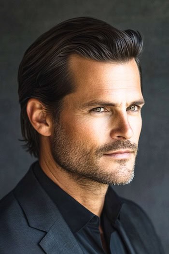 Costa-de-lança elegante com corte de cabelo reduzido em um homem com cabelos castanhos e barba clara.