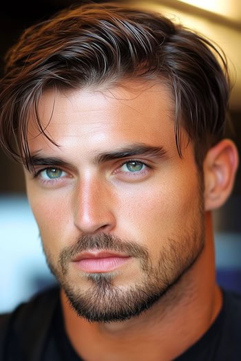 Corte de cabelo reto com textura curta em um homem com cabelos castanhos e cabelos faciais.