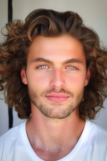 Coloque o penteado na altura dos ombros em um homem com cabelos castanhos.