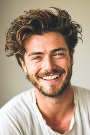 Quiff de costas escovadas com penteado de barba de comprimento médio para homens.