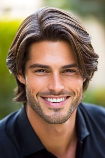 Cortes de corte retos clássicos de comprimento médio em um homem sorridente com cabelos castanhos e sombra das 5 horas.