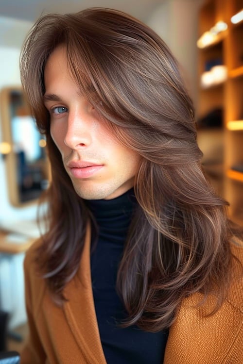 Camadas emplumadas penteado no jovem.