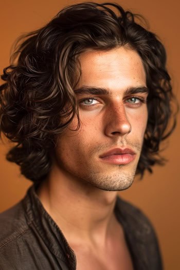 Penteado de Bob Curly texturizado em um homem com cabelos castanhos.