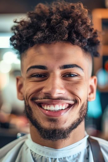 Curly Afro com penteado desbotado de pele em um homem negro sorridente com cabelos castanhos escuros em uma barbearia.