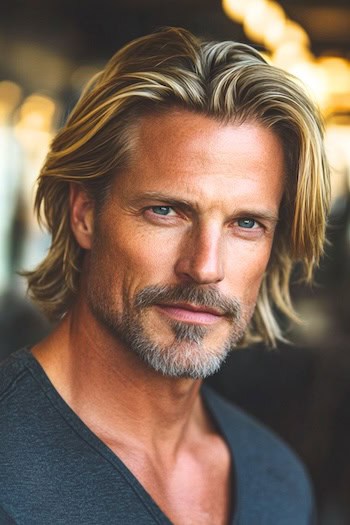 Camas retas médias Corte de cabelo em um homem com cabelos castanhos destacados e barba cinzenta.