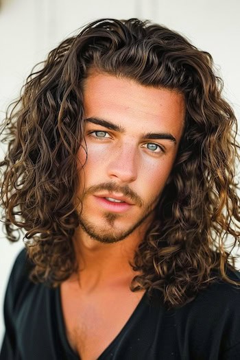 Cachos longos com penteado de barba em um homem com cabelos castanhos.