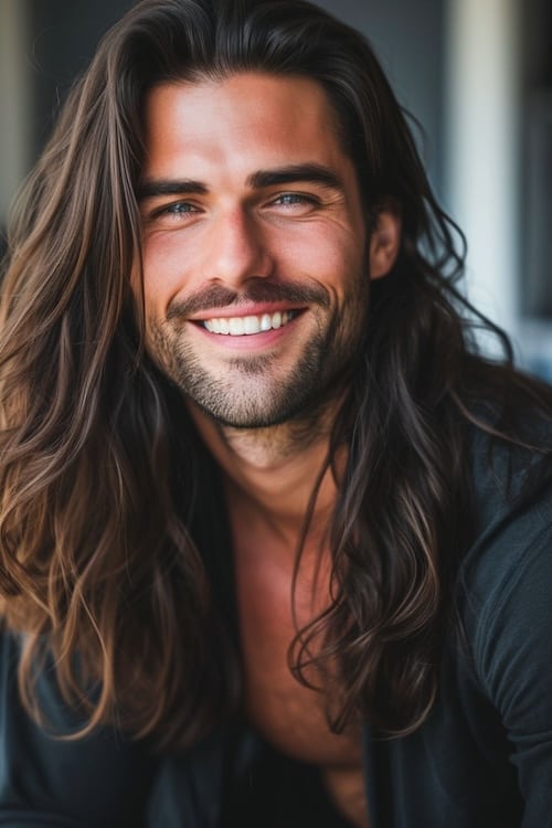 Corte de cabelo de estilo de surfista longo em homem atraente.