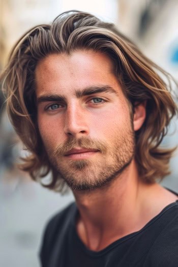Camadas traseiras varridas com penteado de barba de comprimento médio para homens.