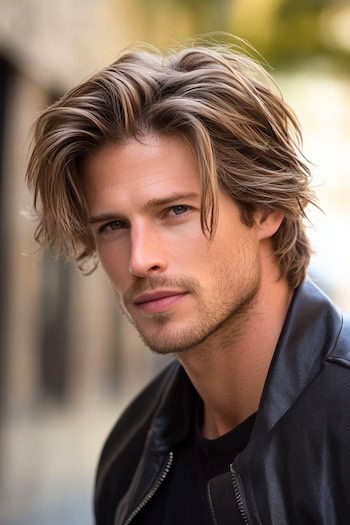 Corte de corte de cabelo reto com um homem com cabelos castanhos.