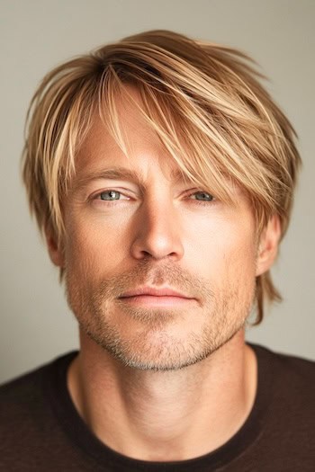 Cortes de cabelo lisos agitados em um homem com cabelos loiros.