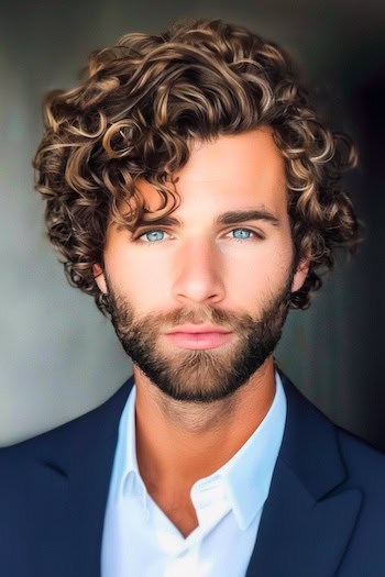 Cachos destacados com penteado de barba em um homem com cabelos castanhos e destaques loiros.