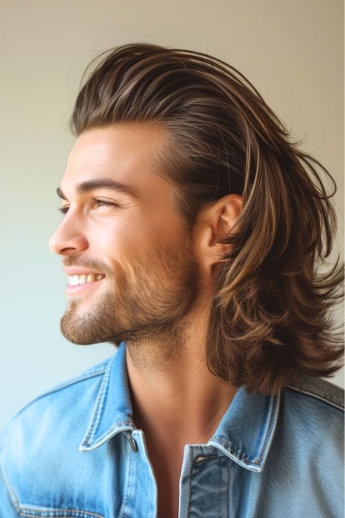 Penteado de pompadour longo em homem sorridente.