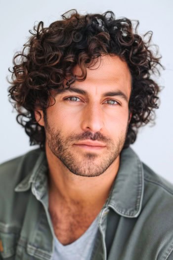 Penteado de comprimento médio de corte encaracolado para homens.