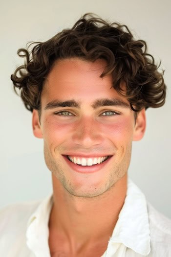 Penteado de quiff cacheado bagunçado em um homem sorridente com cabelos castanhos.