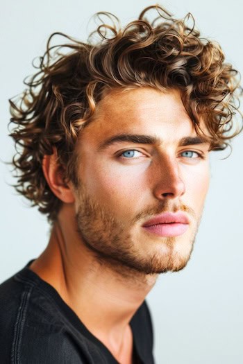 Penteado cacheado com franjas laterais de comprimento médio para homens.