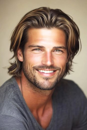 Camadas de comprimento médio para cabelos lisos em um homem com cabelos castanhos e destaques loiros.