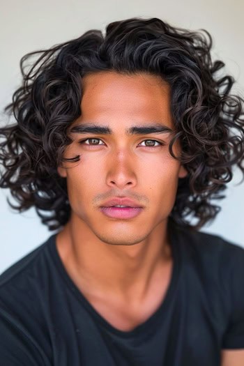 Cachos de comprimento médio com penteado lateral em um homem com cabelos castanhos escuros.