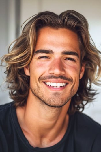Camadas de comprimento médio penteado para homens.