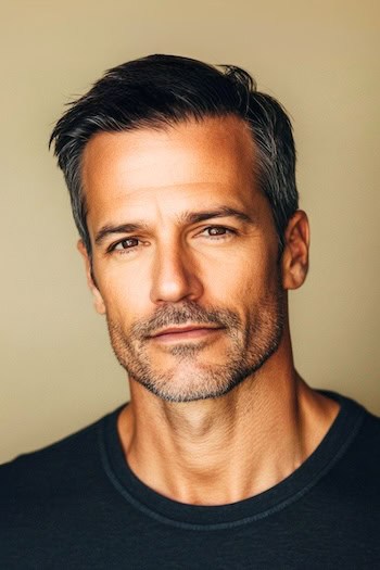 Corte de corte de tripulação clássico cortado em um homem mais velho com cabelos escuros.