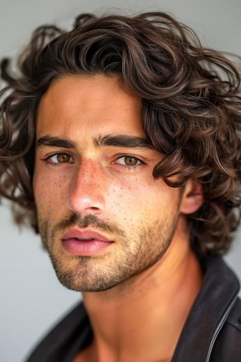 Penteado de Bob em camadas encaracoladas em um homem com cabelos castanhos.