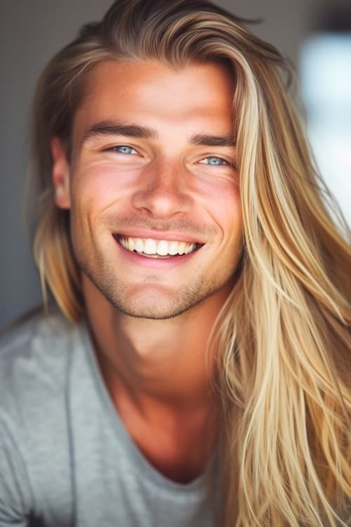 Camadas loiras varridas laterais penteados longos no homem sorridente.