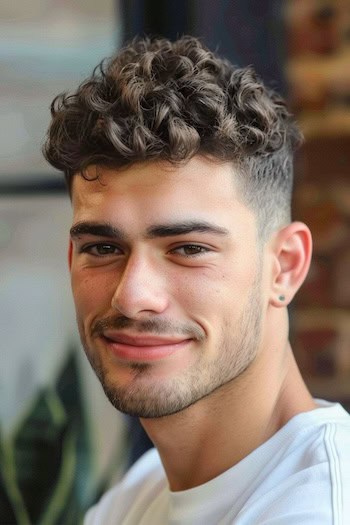 Top texturizada encaracolada com penteado de desbotamento em um homem com cabelos castanhos.
