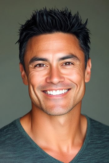 Corte de cabelo espeto de textura curta Corte de cabelo em um homem sorridente com cabelos escuros.