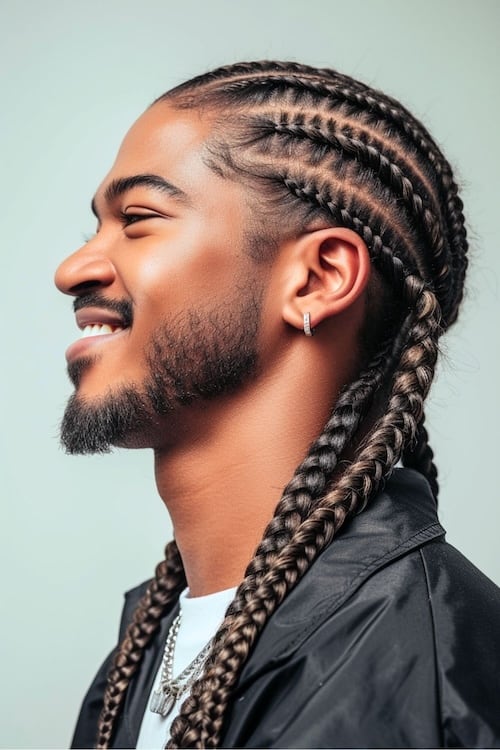 Cornrow tranças em um jovem sorridente.
