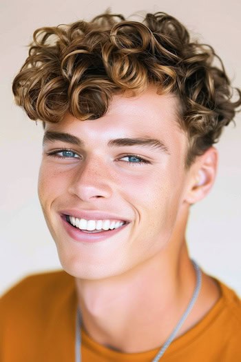 Cachos destacados com penteado penteado em um homem sorridente com cabelos castanhos.