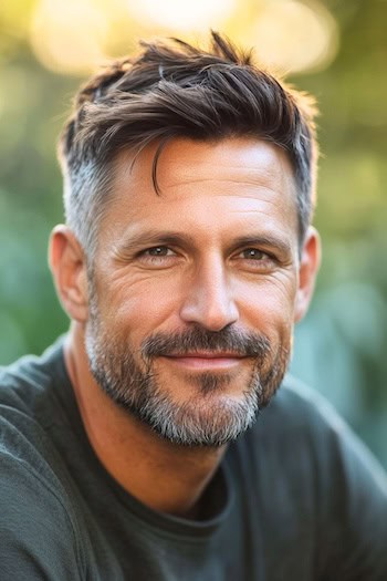 Corte cônico com camadas agitadas corte de cabelo em um homem com cabelos castanhos e barba.