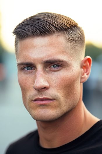 Corte clássico de parte lateral com corte de cabelo desbotado em um homem com cabelos castanhos.