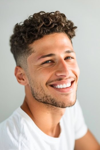 O cônico encaracolado desaparece penteado em um homem sorridente com cabelos castanhos.