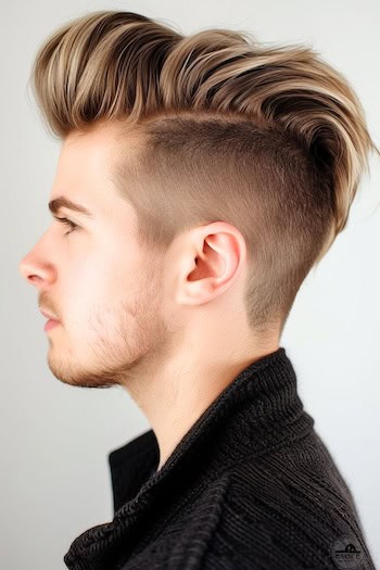 Penteado desconectado do pompadour de comprimento médio para homens.