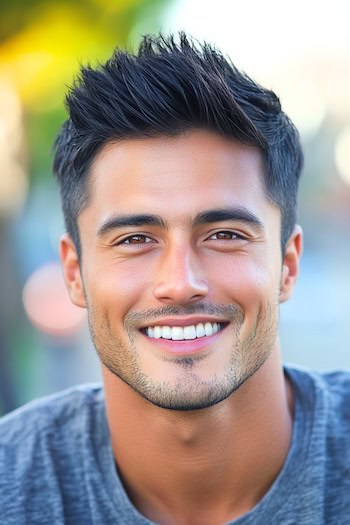 Cortes de cabelo curtos e cortes de cabelo em um homem com cabelos castanhos escuros.