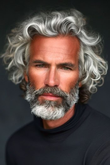 Camadas cacheadas prateadas com penteado de barba em um homem com cabelos grisalhos prateados.