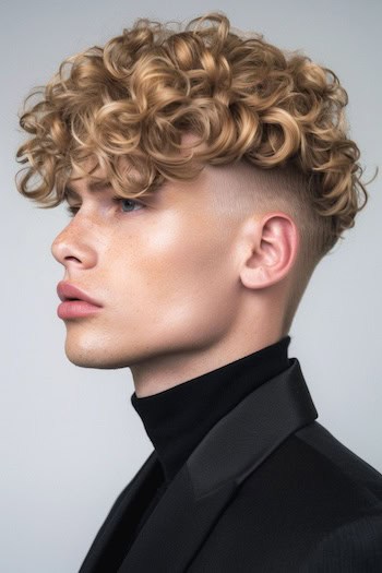 Curly Undercut desaparece penteado em um homem com cabelos loiros, vista lateral.