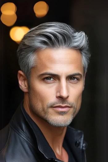 Cabelos prateados curtos com corte de cabelo de volume em um homem com cabelos grisalhos.