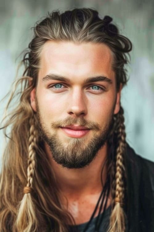 Homem com cabelos compridos e tranças do tipo viking.