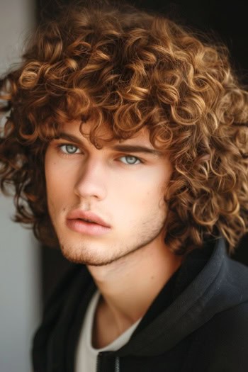 Penteado de Shag Curly de alto volume em um homem com cabelos castanhos.