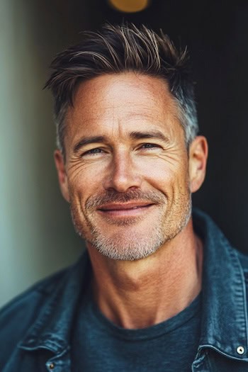 Corte de textura curta com corte de cabelo lateral cônico em um homem com cabelos marrons e grisalhos.