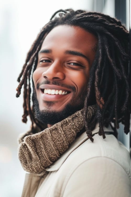 Dreadlocks na altura dos ombros em um jovem negro sorridente.