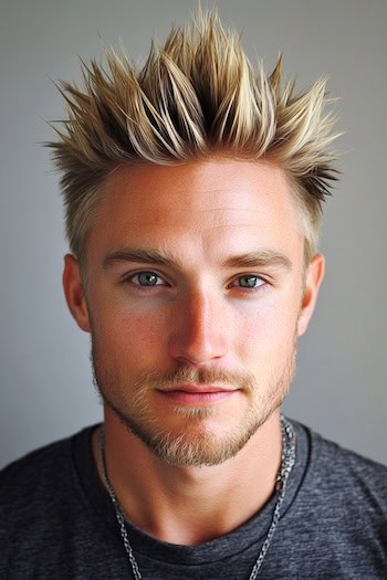 Corte de corte de cabelo reto loiro espetado em um homem com cabelos loiros e barba bem aparada.