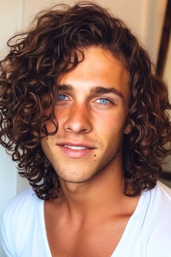Coloque o penteado na altura dos ombros em camadas em um homem com cabelos castanhos.